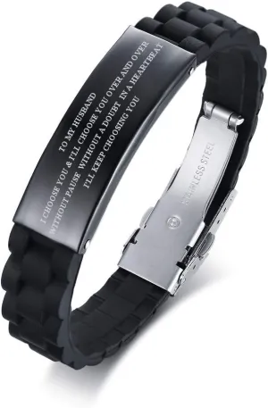 MEALGUET Valentines Day Gift for Husband : to My Husband Gift from Wife I Will Keep Choosing You Love Quote Engraved Personalized Handsome Black Silicone Bracelet Wristband for him, Gift from Wife