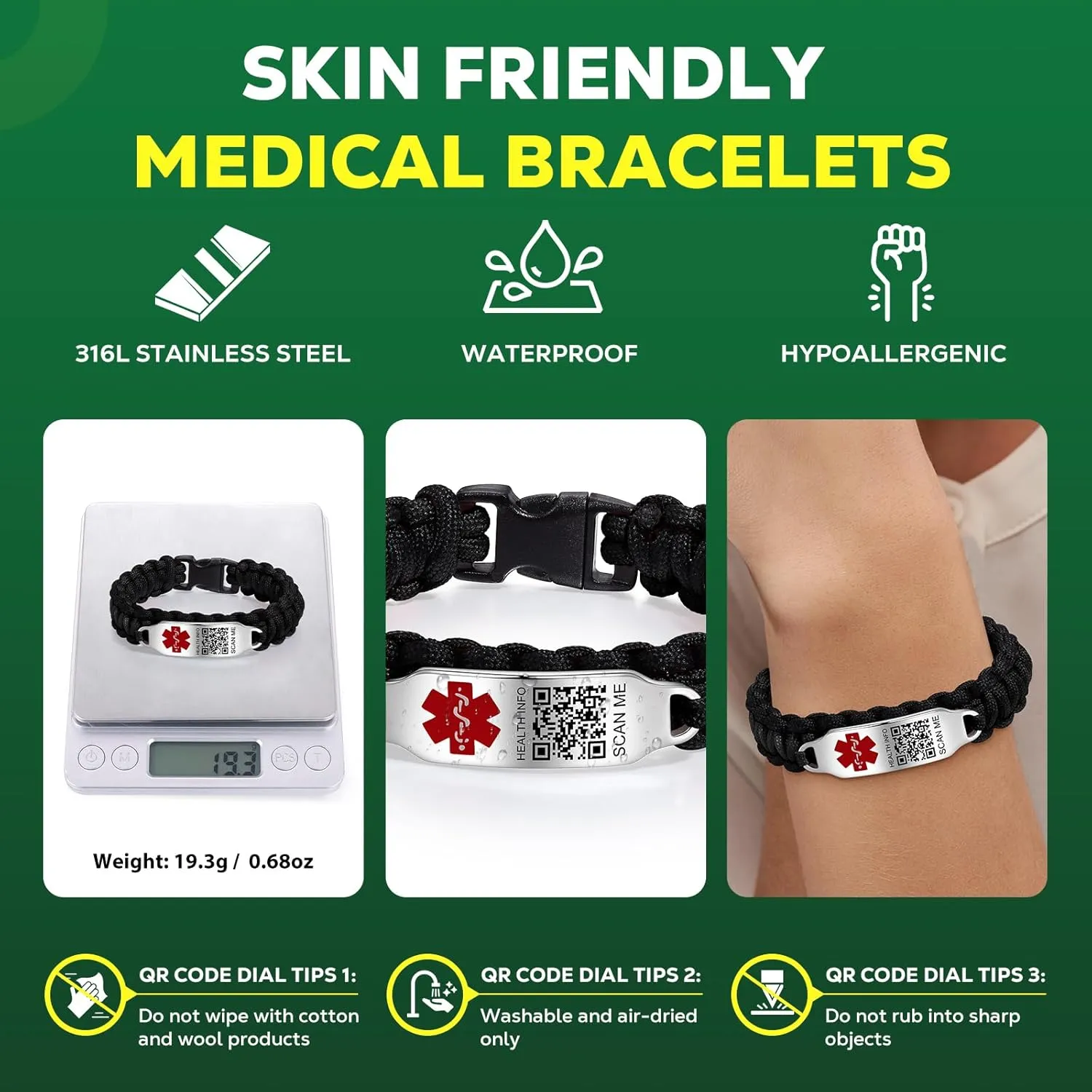 Medical Bracelets for Sport Men Women with QR Code Medical Alert ID Bracelets - Nylon Waterproof Wristband Fits Wrists Up to 7 inches - More Space Custom Emergency Med ID Alert Info