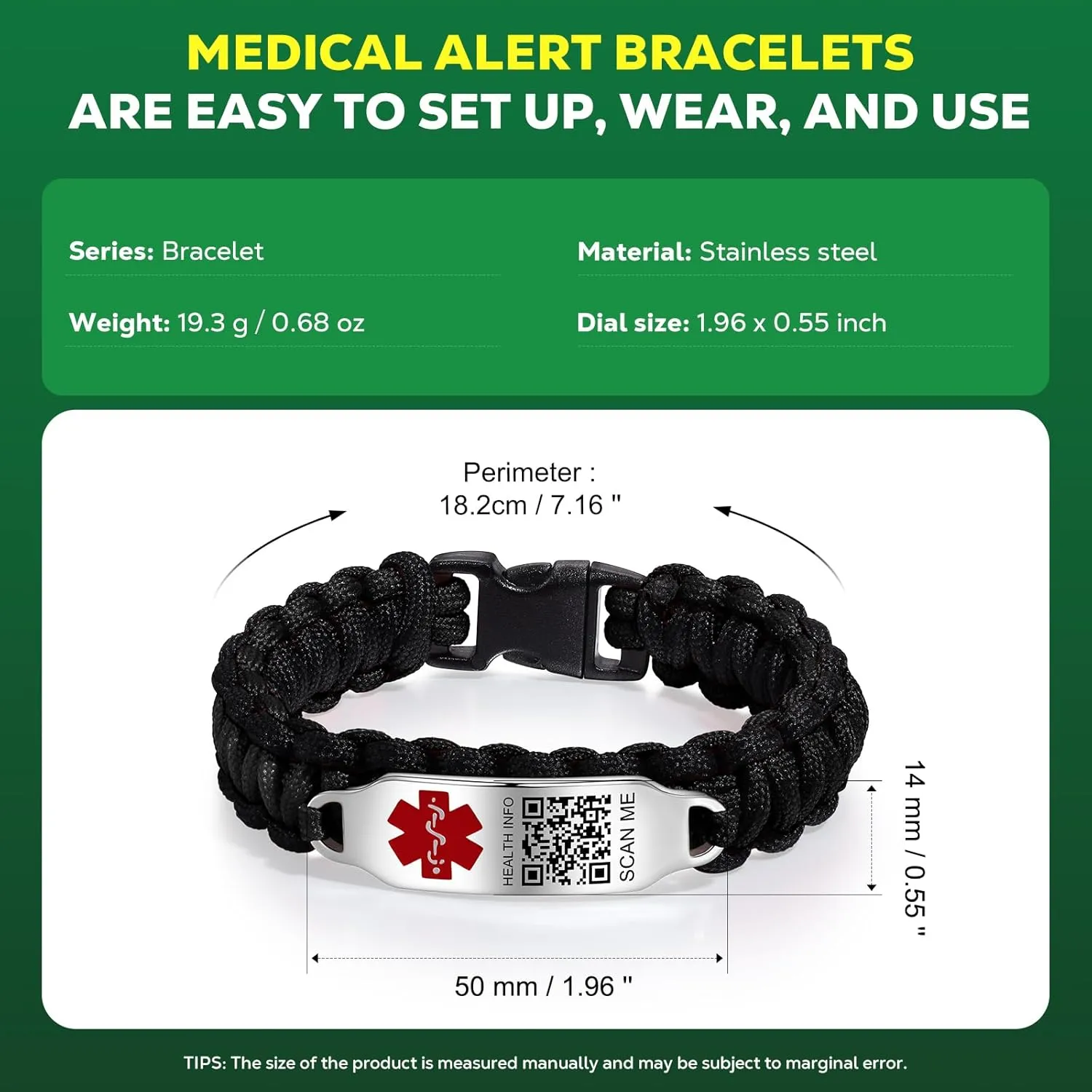 Medical Bracelets for Sport Men Women with QR Code Medical Alert ID Bracelets - Nylon Waterproof Wristband Fits Wrists Up to 7 inches - More Space Custom Emergency Med ID Alert Info