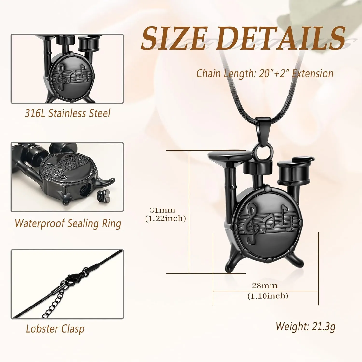 Memorial Cremation Jewelry for Ashes Music Drum Set Shaped Urn Necklaces for Human Dog Cat Keepsake Pendant Jewelry with Fill Kit