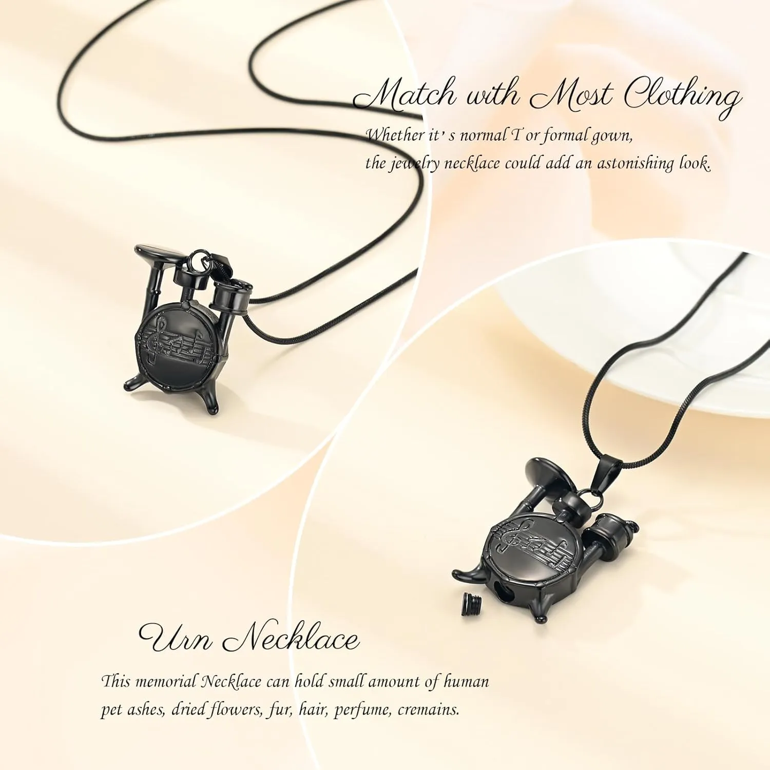Memorial Cremation Jewelry for Ashes Music Drum Set Shaped Urn Necklaces for Human Dog Cat Keepsake Pendant Jewelry with Fill Kit