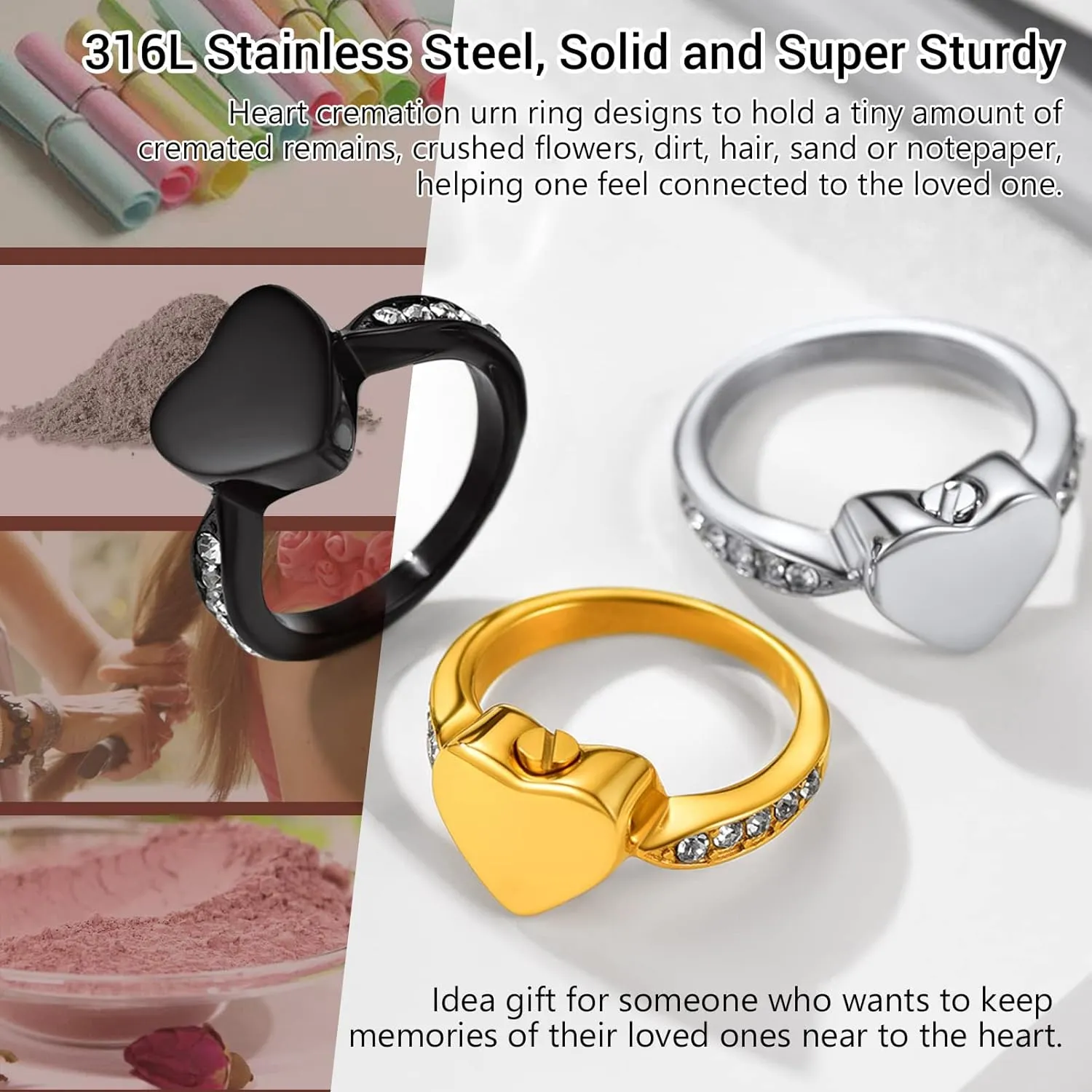 Memorial Keepsake Urn Rings for Ashes Hair for Women Men, Claddagh Heart Ring, Rose Ring, Cremation Jewelry, Black/18K Gold Plated Stainless Steel, Size 6-11, Come with Box