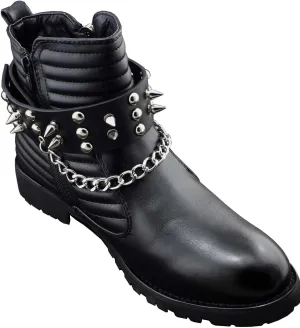 Men Biker Punk Boots Bracelets Silver Chain Black Pair Leather Strap Spikes (with chainone pair)