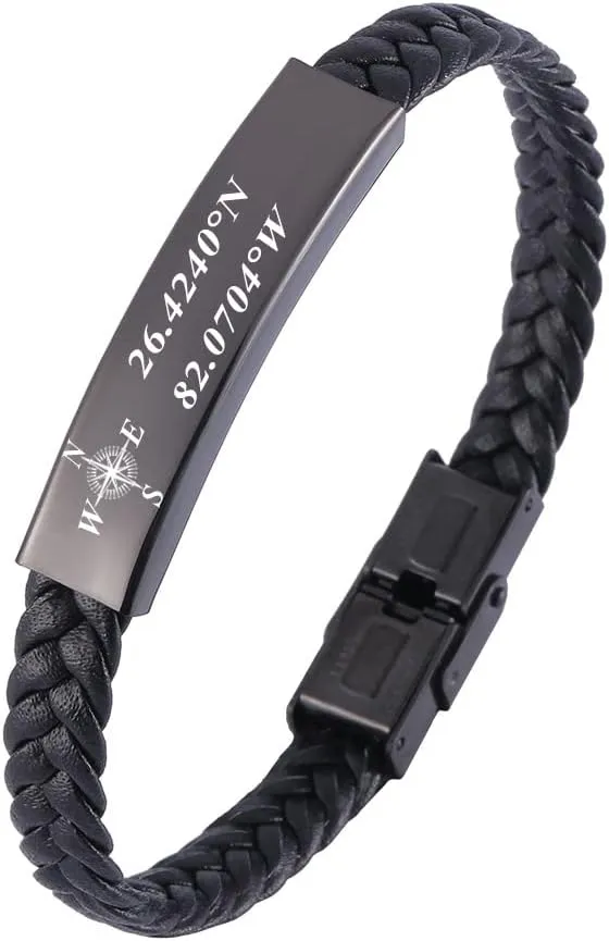 Mens Braid Leather Bracelet Engraved a Delicate Longitude Latitude Custom Coordinate Bracelet for Men ,GPS Coordinate Bracelet for Him,Couple Coordinate Bracelet,Father's Day Gifts For Husband Dad 7.4/8.2/9"