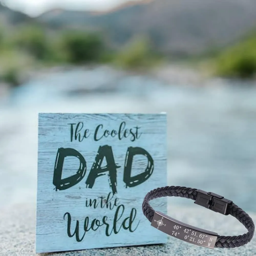 Mens Braid Leather Bracelet Engraved a Delicate Longitude Latitude Custom Coordinate Bracelet for Men ,GPS Coordinate Bracelet for Him,Couple Coordinate Bracelet,Father's Day Gifts For Husband Dad 7.4/8.2/9"