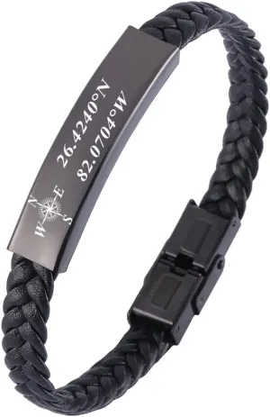 Mens Braid Leather Bracelet Engraved a Delicate Longitude Latitude Custom Coordinate Bracelet for Men ,GPS Coordinate Bracelet for Him,Couple Coordinate Bracelet,Father's Day Gifts For Husband Dad 7.4/8.2/9"