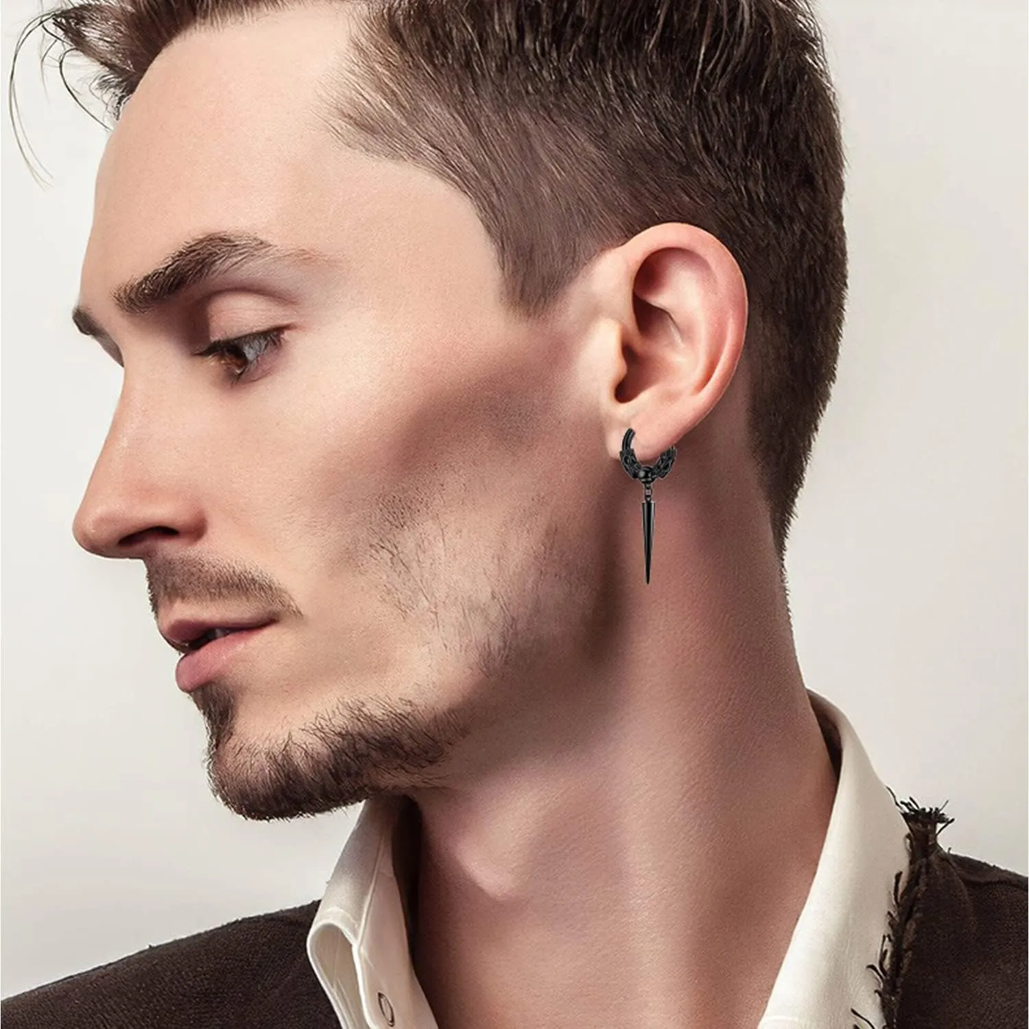 Men's Fashion Korea Style Stainless Steel Huggie Hinged Hoop Earrings with Long Chains Dangle Retro Feather Leaf Skull Awl for Men Women Boys