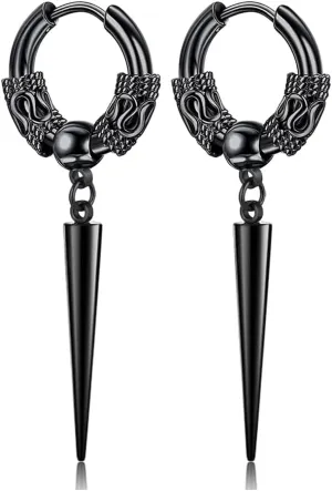Men's Fashion Korea Style Stainless Steel Huggie Hinged Hoop Earrings with Long Chains Dangle Retro Feather Leaf Skull Awl for Men Women Boys