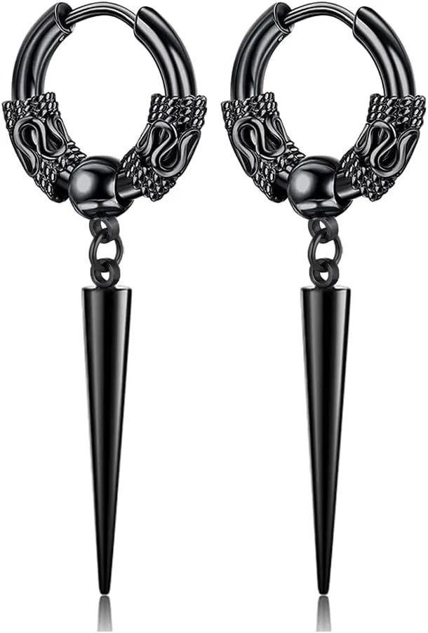 Men's Fashion Korea Style Stainless Steel Huggie Hinged Hoop Earrings with Long Chains Dangle Retro Feather Leaf Skull Awl for Men Women Boys
