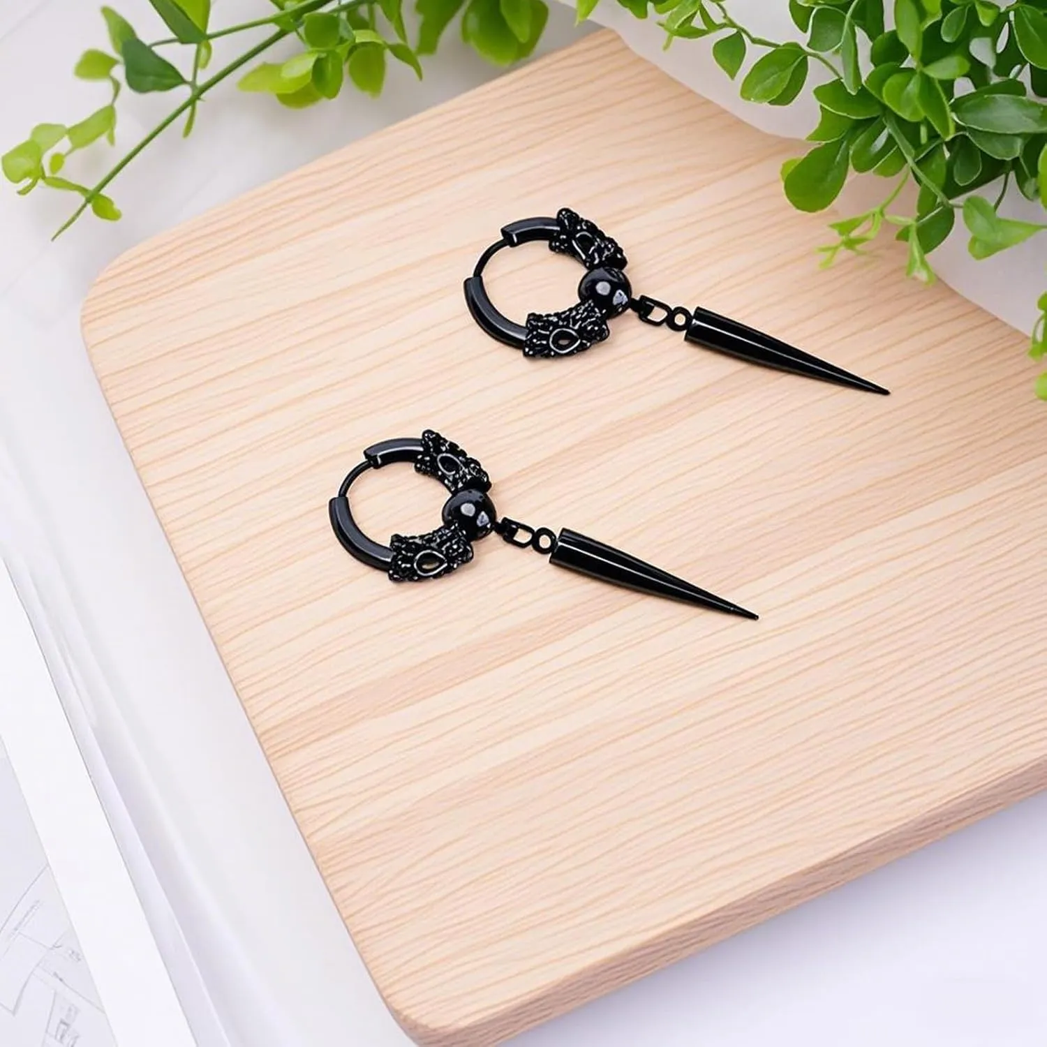 Men's Fashion Korea Style Stainless Steel Huggie Hinged Hoop Earrings with Long Chains Dangle Retro Feather Leaf Skull Awl for Men Women Boys