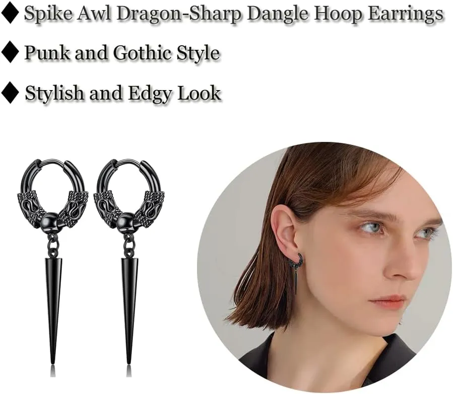 Men's Fashion Korea Style Stainless Steel Huggie Hinged Hoop Earrings with Long Chains Dangle Retro Feather Leaf Skull Awl for Men Women Boys