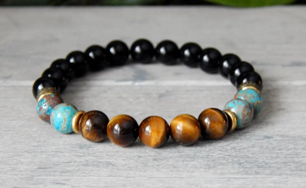 Mens Tiger Eye, Jasper and Black Agate Beaded Bracelet