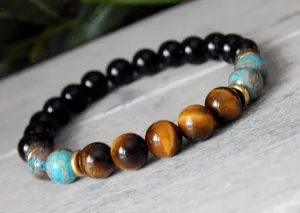 Mens Tiger Eye, Jasper and Black Agate Beaded Bracelet