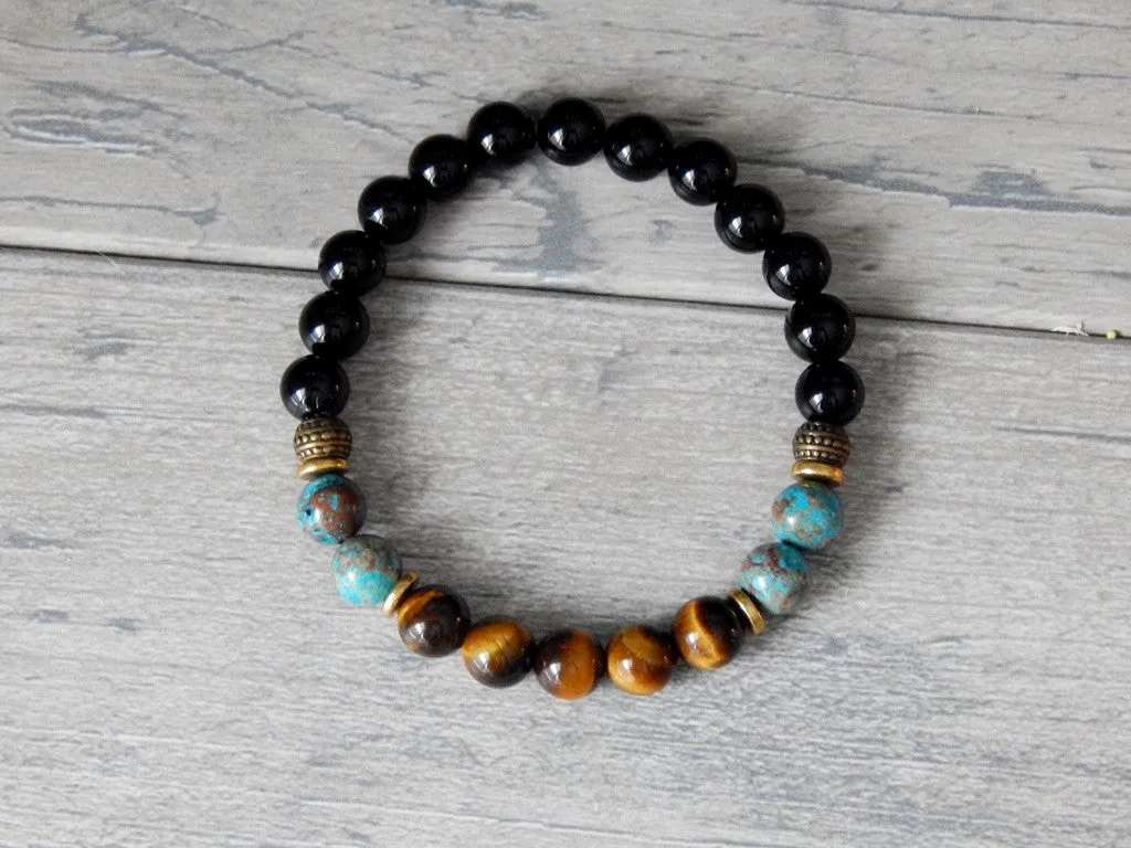 Mens Tiger Eye, Jasper and Black Agate Beaded Bracelet
