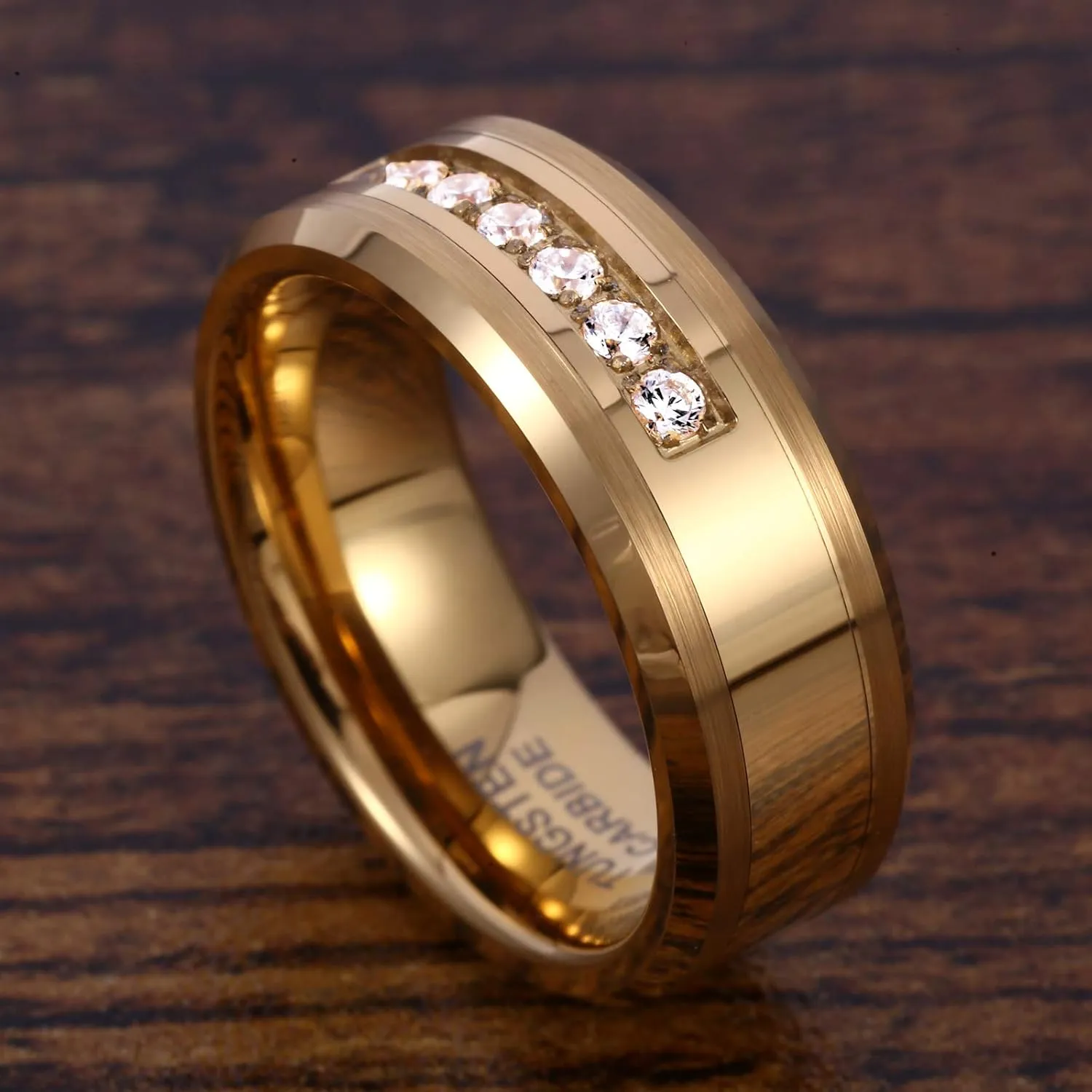 Mens Womens 8mm Tungsten Carbide 18k Gold Ring Fashion Luxury Zircon Wedding Couple Engagement CZ Band