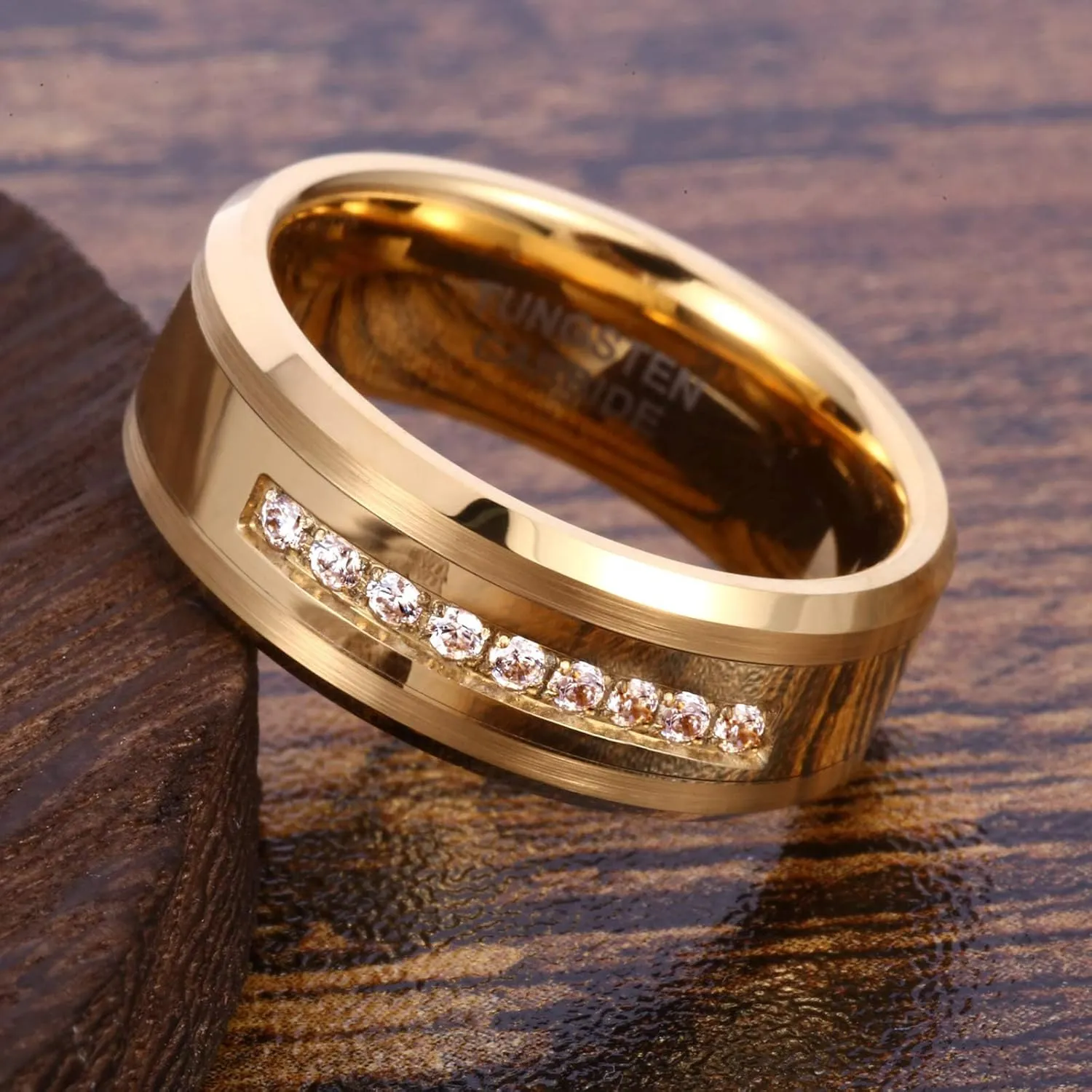 Mens Womens 8mm Tungsten Carbide 18k Gold Ring Fashion Luxury Zircon Wedding Couple Engagement CZ Band