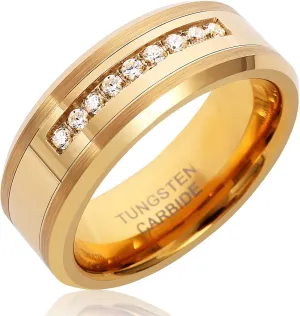 Mens Womens 8mm Tungsten Carbide 18k Gold Ring Fashion Luxury Zircon Wedding Couple Engagement CZ Band