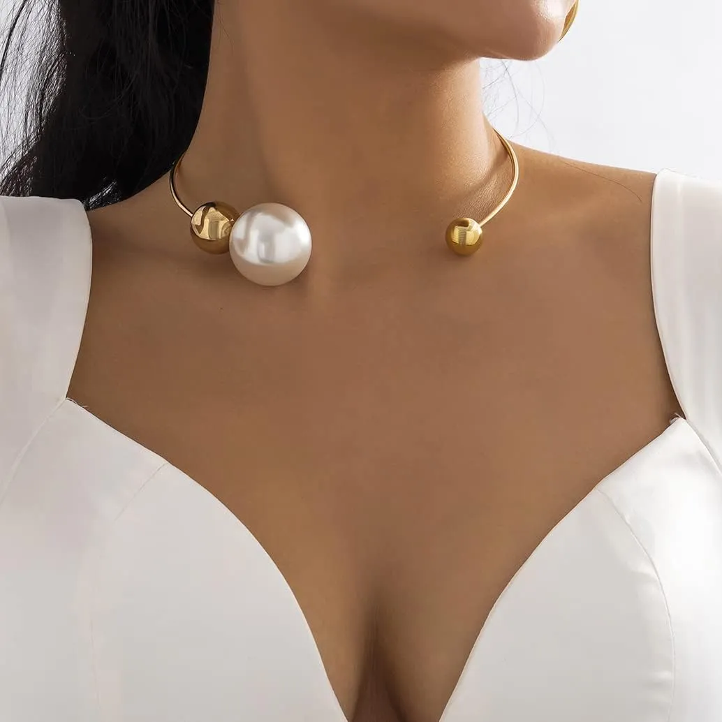 Metal Pearl Open Choker Necklace for Women Adjustable Gold Pearl Necklaces Round Open Cuff Necklace Chunky Pearl Necklace for Women