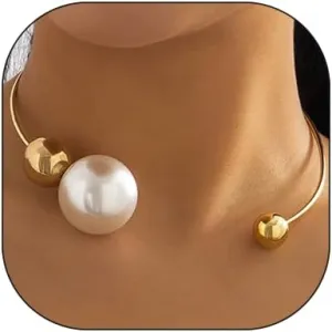 Metal Pearl Open Choker Necklace for Women Adjustable Gold Pearl Necklaces Round Open Cuff Necklace Chunky Pearl Necklace for Women