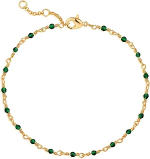 MEVECCO Dainty Gold Beads Bracelets,18K Gold Plated Handmade Cute Emerald Zircon Bead Chain Minimalist Bracelet for Women Jewelry Gifts