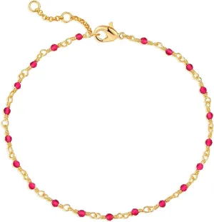 MEVECCO Dainty Gold Beads Bracelets,18K Gold Plated Handmade Cute Rose Red Zircon Bead Chain Minimalist Bracelet for Women Jewelry Gifts