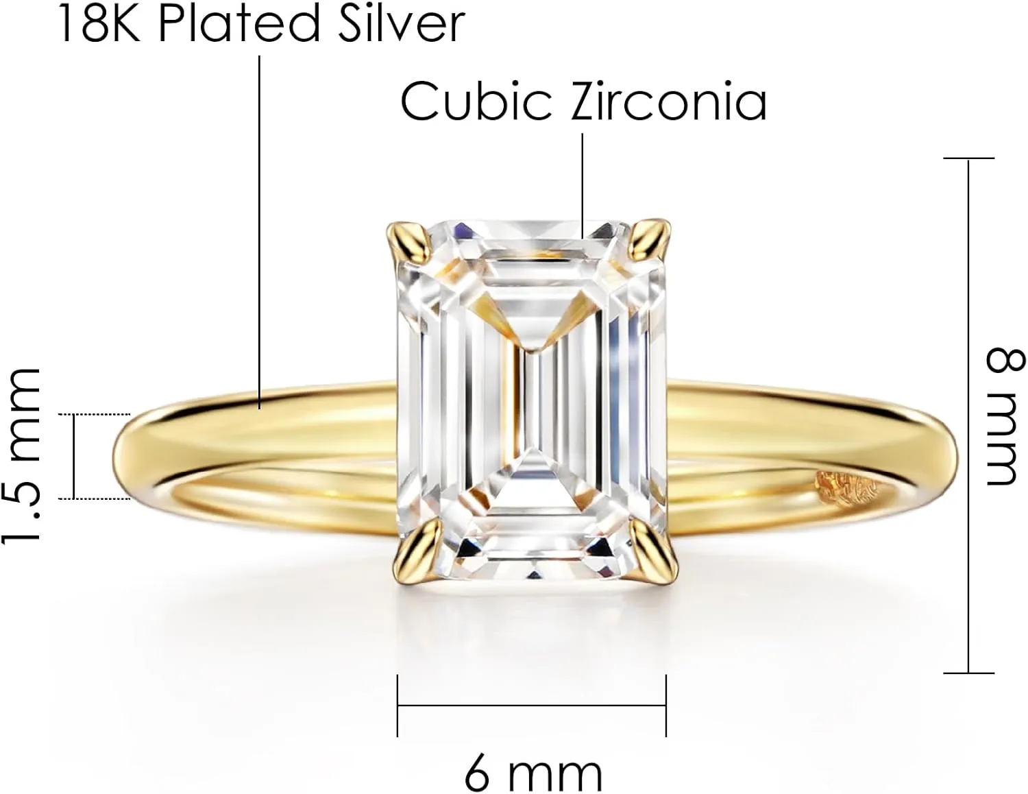 Michooyel 18K Gold Plated Cubic Zirconia Engagement Ring for Women, 2.0ct Emerald cut CZ Solitaire Promise Rings 925 Sterling Silver Rings