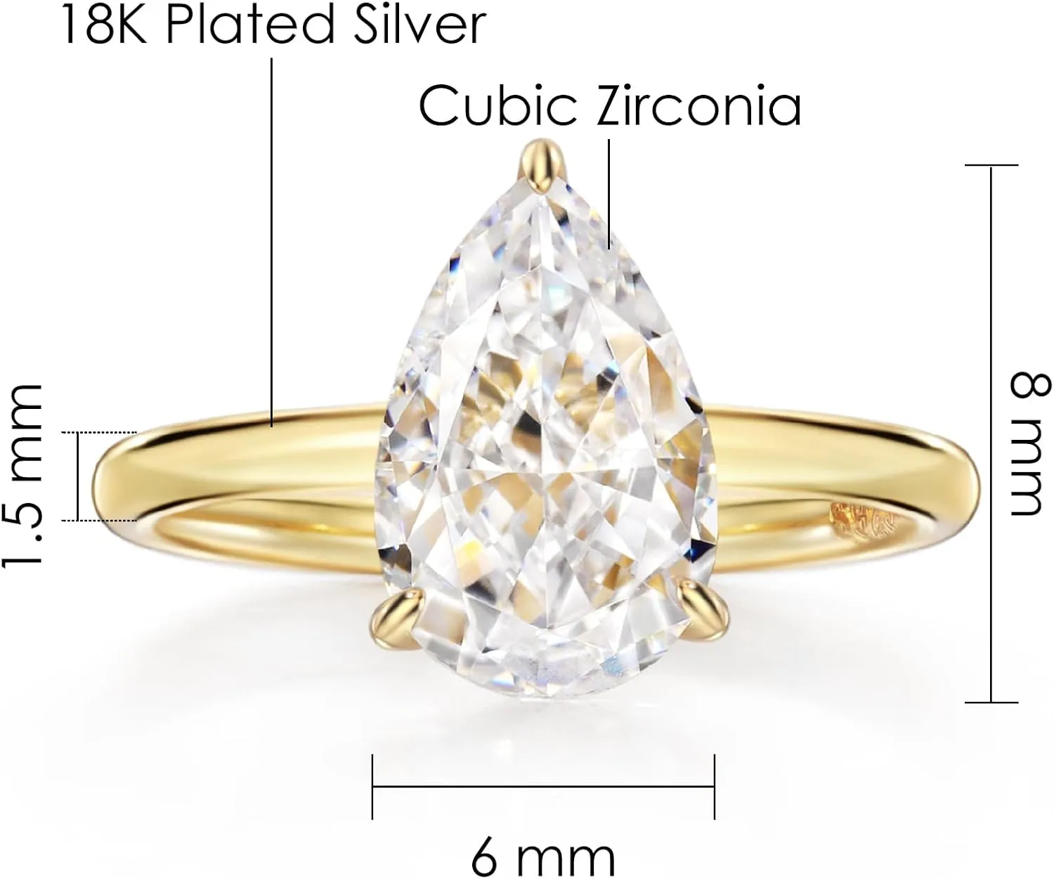 Michooyel 18K Gold Plated Cubic Zirconia Engagement Ring for Women, 2.0ct Pear cut CZ Solitaire Promise Rings 925 Sterling Silver Rings
