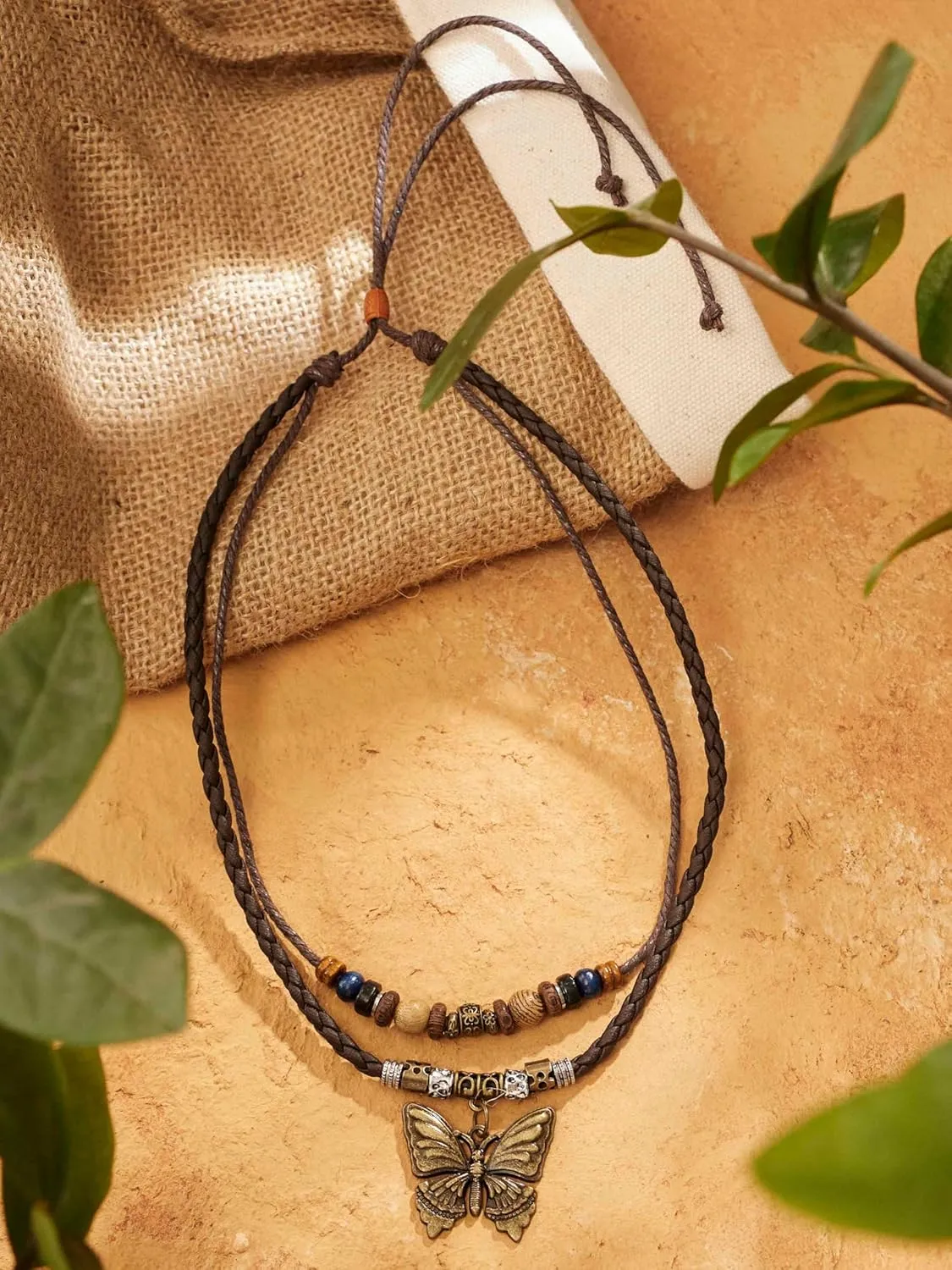 MINACHI Layered Boho Wood Bead Choker Necklace, Hollow Flower Charm, Personality Jewelry for Men and Women