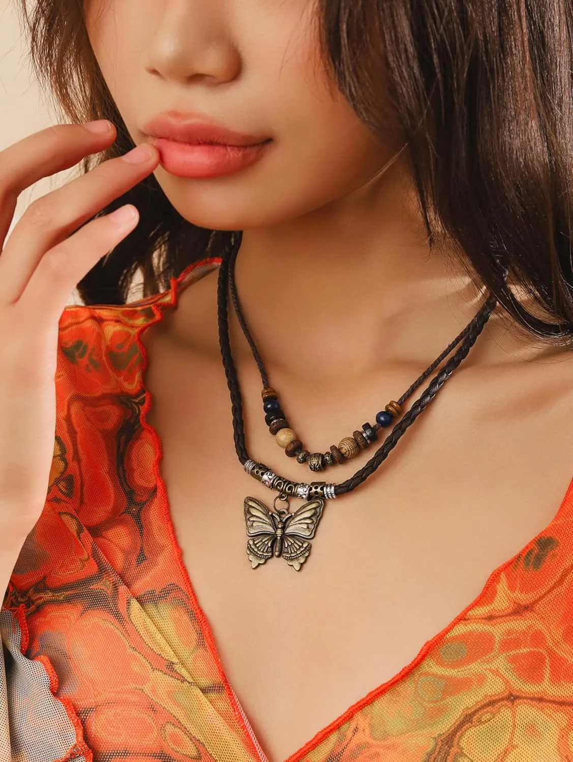 MINACHI Layered Boho Wood Bead Choker Necklace, Hollow Flower Charm, Personality Jewelry for Men and Women