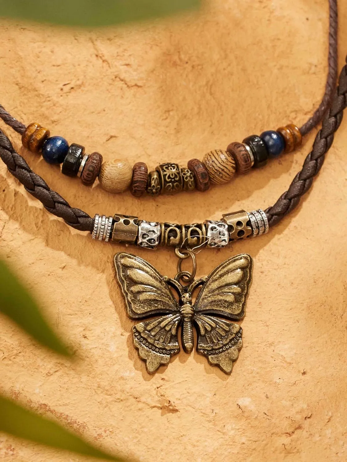 MINACHI Layered Boho Wood Bead Choker Necklace, Hollow Flower Charm, Personality Jewelry for Men and Women