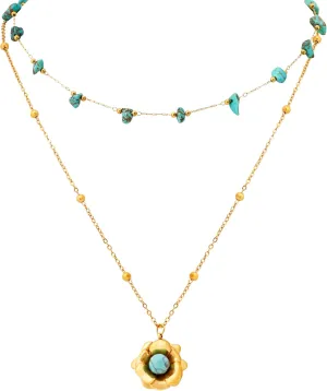 MINACHI Vintage Boho Multi-Layered Chain Necklace with Created Turquoise Bead and Floral Pendant, Boho Fashion Statement Jewelry Gift for Women