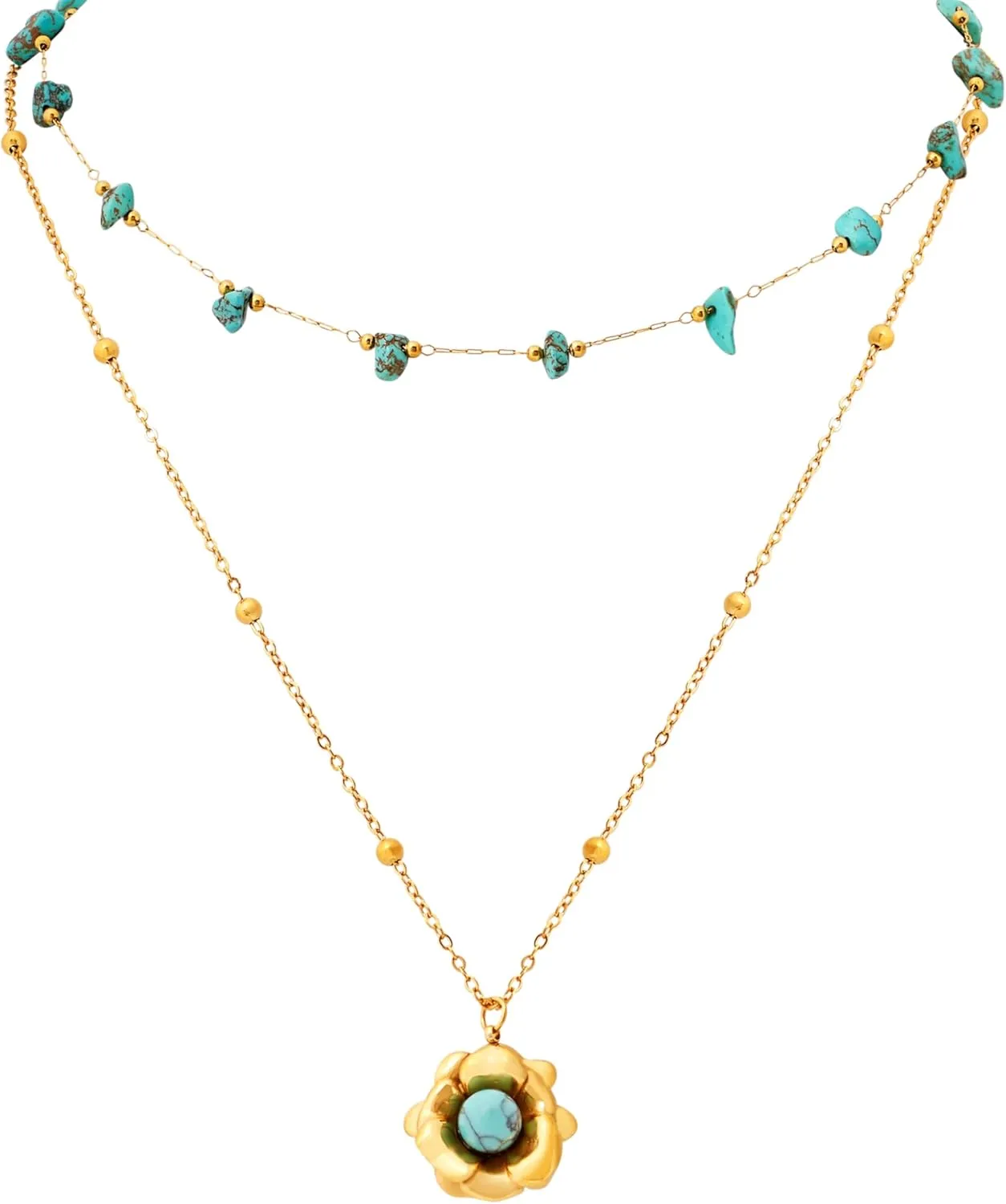 MINACHI Vintage Boho Multi-Layered Chain Necklace with Created Turquoise Bead and Floral Pendant, Boho Fashion Statement Jewelry Gift for Women