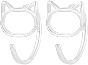 Mini Cat Half Hoop Earrings for Women Cartilage 925 Sterling Silver Hollow Kitten Animal Pet Tiny Studs Earring Fake Huggie Hoops Cute Christmas Birthday Jewelry Gifts Hypoallergenic