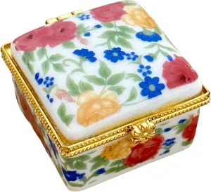 Miniature Porcelain Box with Hinged Lid - Jewelry, Trinkets, Mementos, Keepsakes - Arrives in Velvet Drawstring Bag (Retro, Multicolor)