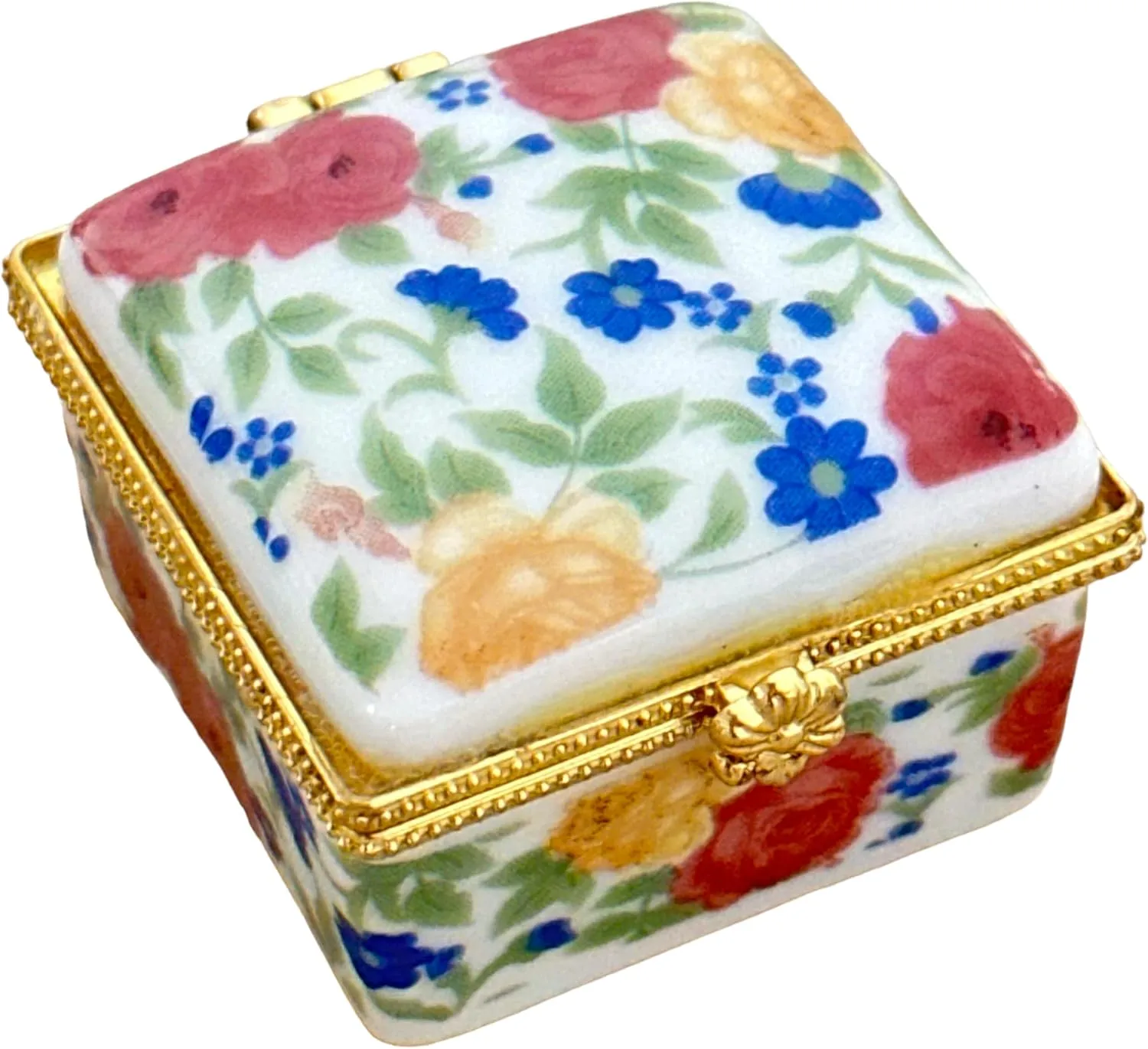 Miniature Porcelain Box with Hinged Lid - Jewelry, Trinkets, Mementos, Keepsakes - Arrives in Velvet Drawstring Bag (Retro, Multicolor)