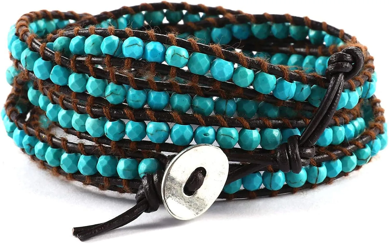 Miss Rabbit Boho Layered Leather Handmade Bracelet, Natural Stone Beaded 5 Wrap Bracelets for Women Blue Turquoise Beads Bohemian Bracelet Jewelry