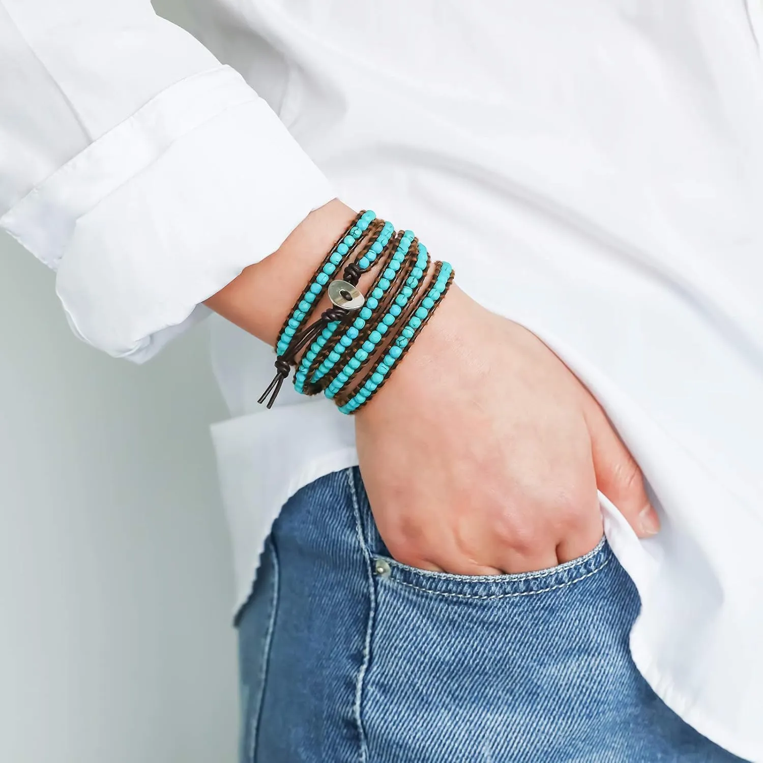 Miss Rabbit Boho Layered Leather Handmade Bracelet, Natural Stone Beaded 5 Wrap Bracelets for Women Blue Turquoise Beads Bohemian Bracelet Jewelry