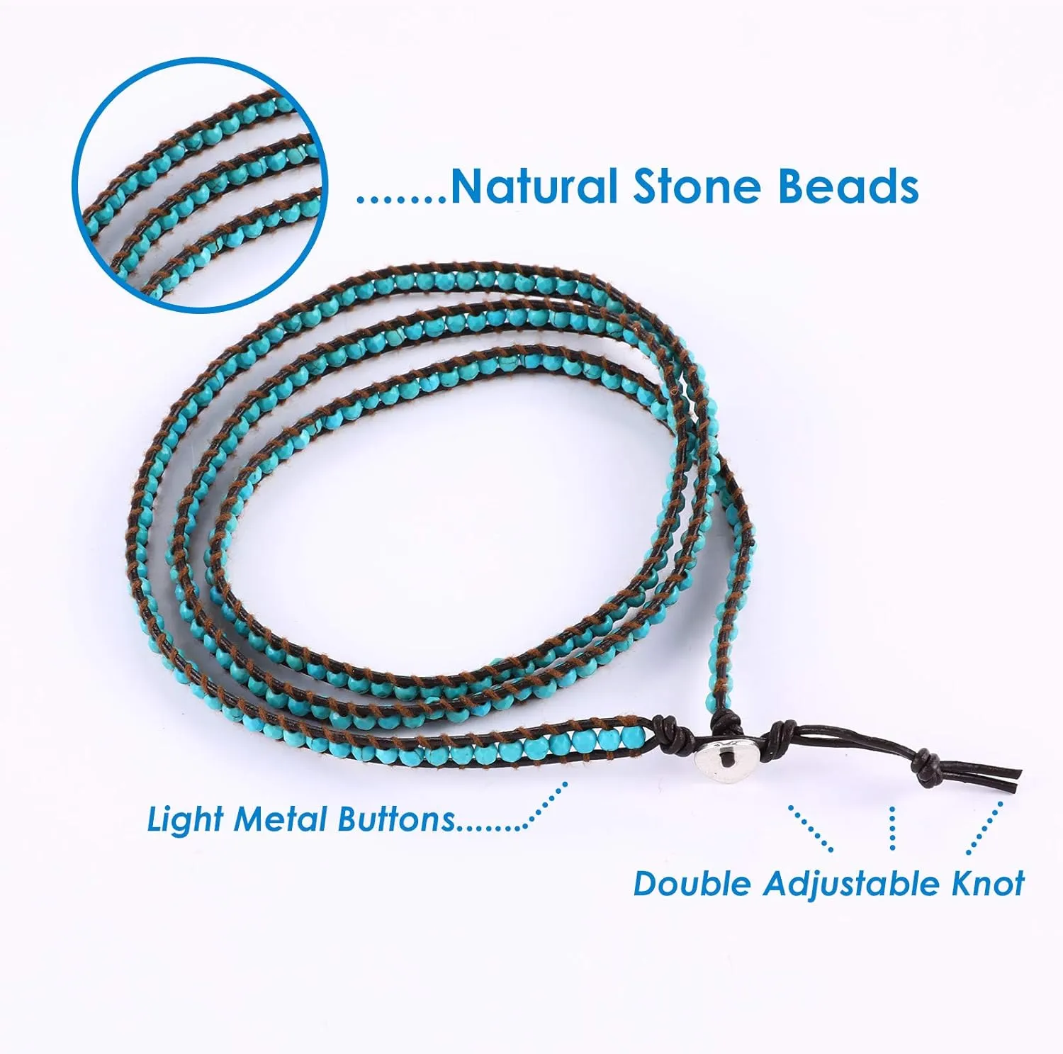 Miss Rabbit Boho Layered Leather Handmade Bracelet, Natural Stone Beaded 5 Wrap Bracelets for Women Blue Turquoise Beads Bohemian Bracelet Jewelry
