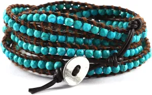 Miss Rabbit Boho Layered Leather Handmade Bracelet, Natural Stone Beaded 5 Wrap Bracelets for Women Blue Turquoise Beads Bohemian Bracelet Jewelry