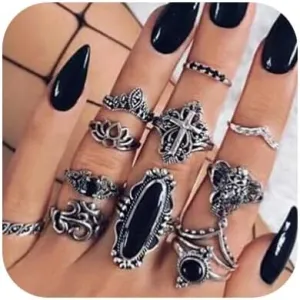 Missgrace Bohemian Vintage Silver Black Stone Knuckle Ring Set Vintage Carving Elephant Cross Boho Stackable Rings for Women 12Pcs (Style 1)