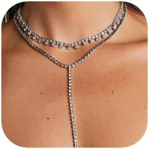Missgrace Sexy Multilayered Y Long Rhinestones Choker Necklaces Double Layer Crystal Full Rhinestone Choker Necklace Statement Nightclub Party Necklace Luxury Jewelry for Women (Silver)