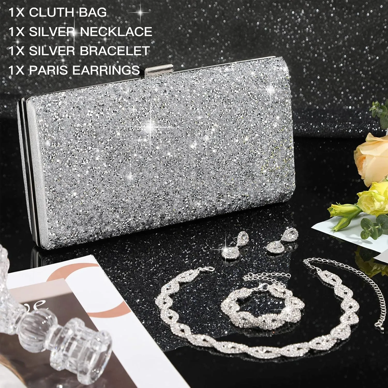 Mixweer 4 Pieces Clutch Purses Bag for Women Evening Rhinestone Jewelry Set Bling Necklace Earrings Bracelets Set for Wedding