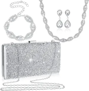 Mixweer 4 Pieces Clutch Purses Bag for Women Evening Rhinestone Jewelry Set Bling Necklace Earrings Bracelets Set for Wedding
