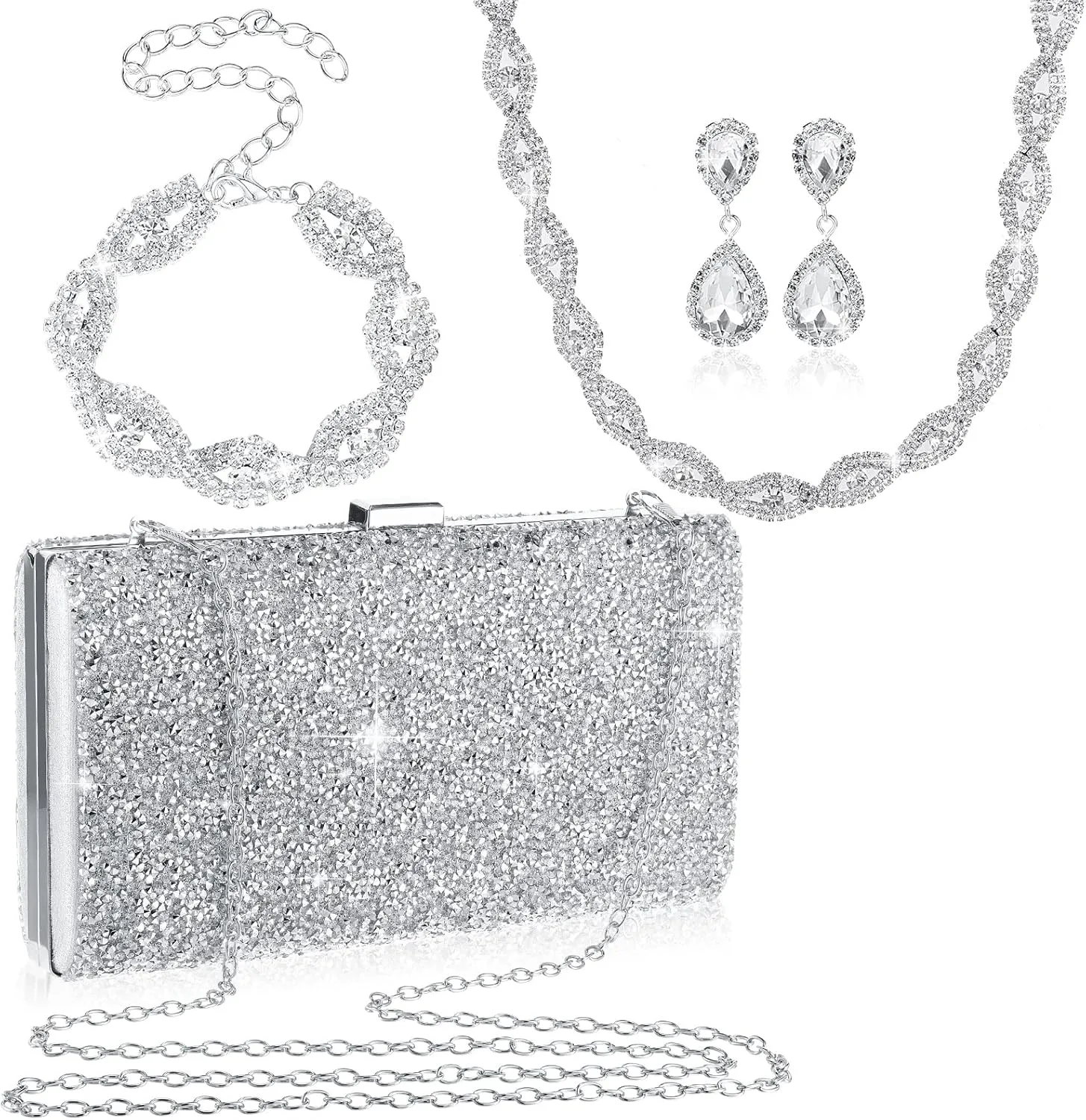 Mixweer 4 Pieces Clutch Purses Bag for Women Evening Rhinestone Jewelry Set Bling Necklace Earrings Bracelets Set for Wedding
