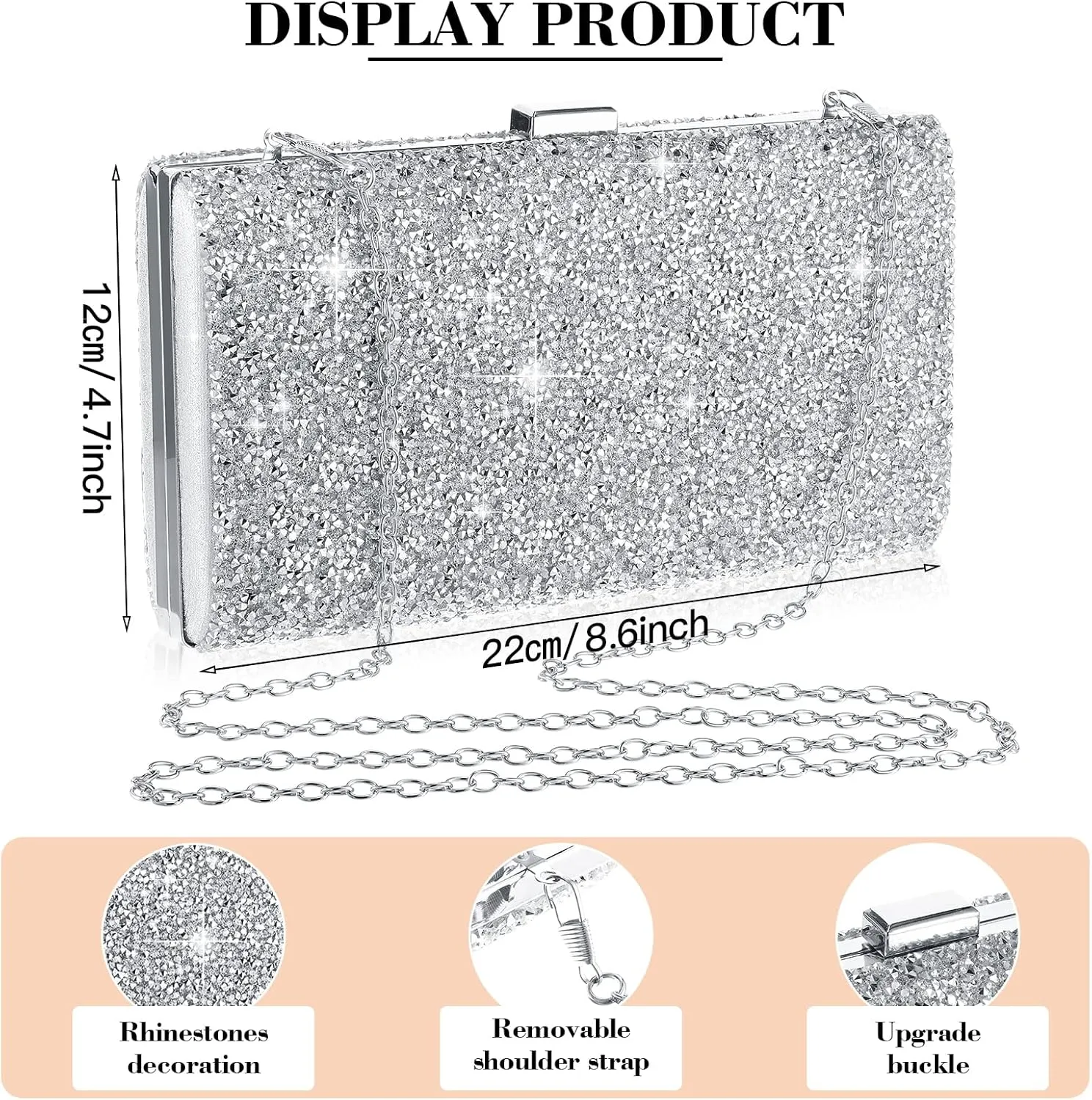 Mixweer 4 Pieces Clutch Purses Bag for Women Evening Rhinestone Jewelry Set Bling Necklace Earrings Bracelets Set for Wedding