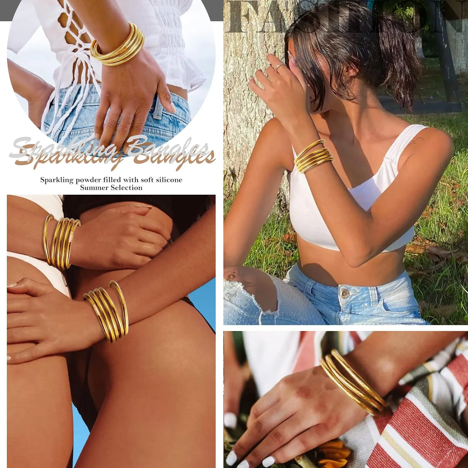 MJartoria Glitter Jelly Bangles Bracelets Set Glitter Filled Jelly Silicone Bracelets for Women
