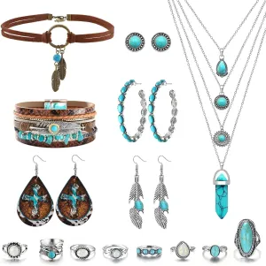MJartoria Native American Bohemian Feather Charm Handmade PU Leather Choker Necklace Turquoise Set