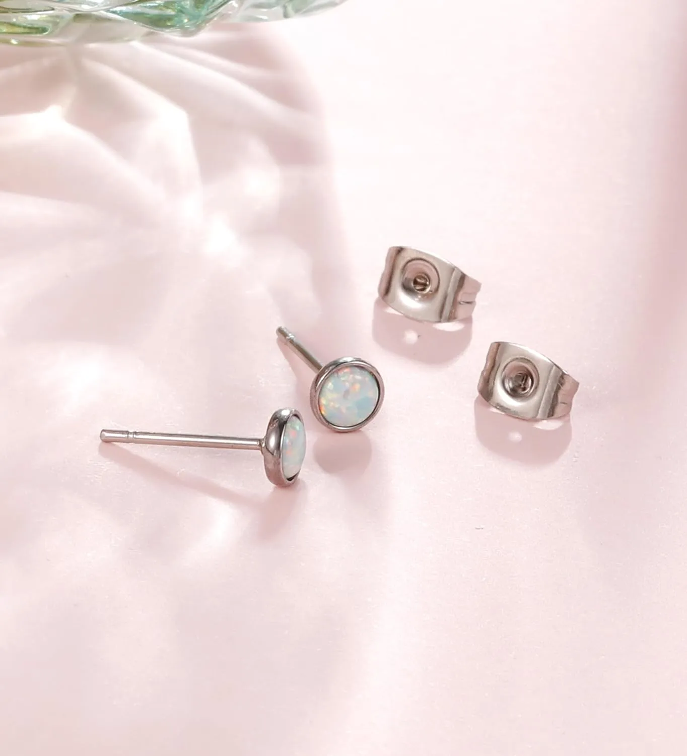 MJust 1 Pair Titanium Stud Earrings for Women & Men, G23 Hypoallergenic Pure Titanium Earrings for Sensitive Ears, 20G Push Back CZ & Opal Earrings Set with Balls, Dot, Hearts