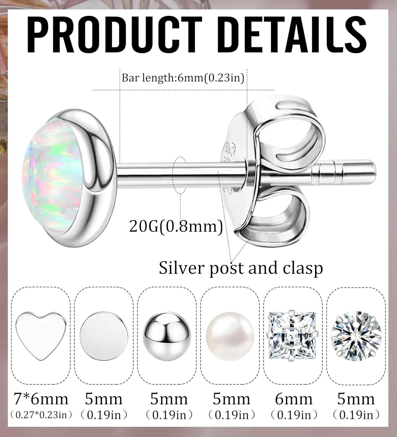 MJust 1 Pair Titanium Stud Earrings for Women & Men, G23 Hypoallergenic Pure Titanium Earrings for Sensitive Ears, 20G Push Back CZ & Opal Earrings Set with Balls, Dot, Hearts
