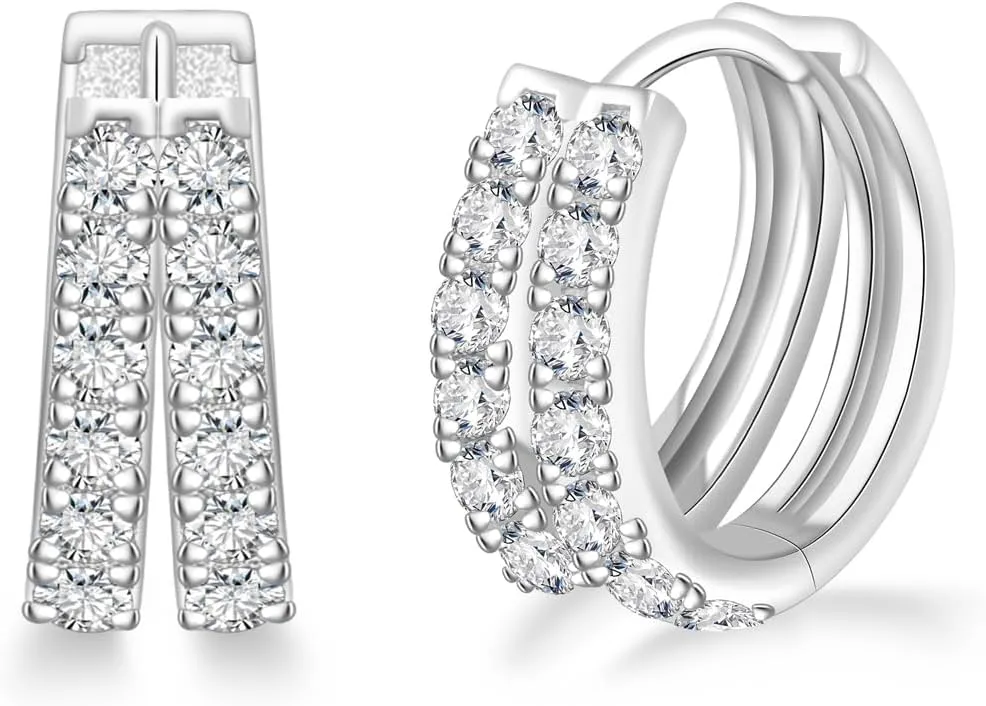 Moissanite Hoop Earrings for Women - 925 Sterling Silver Moissanite Double Huggie Earrings Double Hoop Earrings Piercing Real Moissan Hypoallergenic Jewelry Gifts